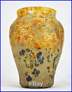 Daum Nancy Beau Vase Pampres de Vigne Verre Gravé & Vitrification de Poudres