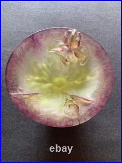 Daum Nancy Pâte de Verre Bowl Iris Relief Purple & Green Art Nouveau Signed