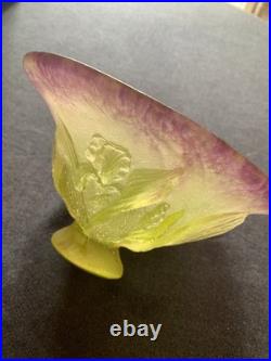 Daum Nancy Pâte de Verre Bowl Iris Relief Purple & Green Art Nouveau Signed