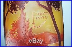 Daum Nancy Vase Tonneau au Paysage Lacustre Pâte de Verre Gravé Art Nouveau
