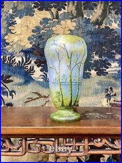 Daum Nancy Vase au Sous-bois Et Paysage lacustre. Pâte De Verre Art Nouveau