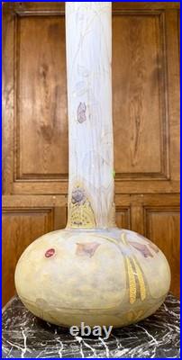 Daum Nancy rare vase Aux roses, papillons, libellules Et Cabochons Art Nouveau