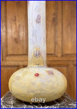 Daum Nancy rare vase Aux roses, papillons, libellules Et Cabochons Art Nouveau
