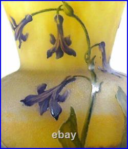 Daum, vase miniature multicouche, dégagé à l'acide, émaillé décor floral, signé