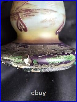 DeVez / Pied de lampe en verre multicouche gravé à l'acide cygnes / Art Nouveau