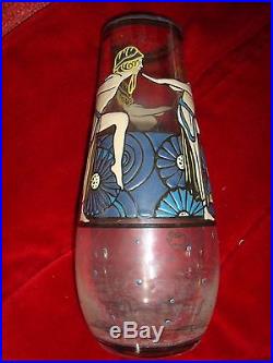 Delatte Modele Rare & Splendide Vase En Verre Emaille Danseuses Art Deco