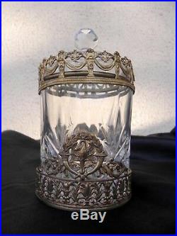 Empire, pot à coton en cristal taillé monture en bronze couronne laurier cygne