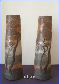 F. Th. Legras, très jolie paire de vases en verre émaillé à décor lacustre