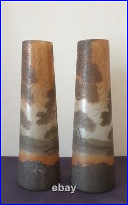 F. Th. Legras, très jolie paire de vases en verre émaillé à décor lacustre