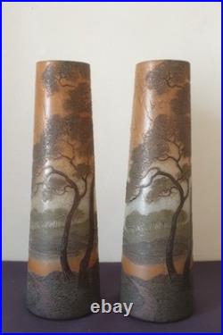 F. Th. Legras, très jolie paire de vases en verre émaillé à décor lacustre