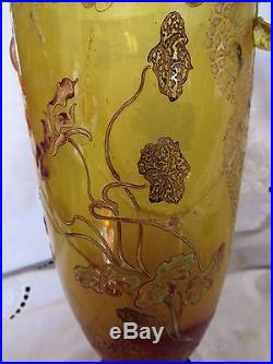 Galle Rare Document Beau Vase Decor Emaille De Fleurettes Et Degage A L'acide