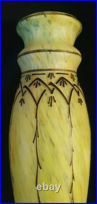 GRAND VASE PATE DE VERRE SIGNE LEGRAS- JAUNE/ORANGER MARMOREEN MONTJOYE 20ème