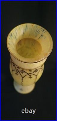 GRAND VASE PATE DE VERRE SIGNE LEGRAS- JAUNE/ORANGER MARMOREEN MONTJOYE 20ème