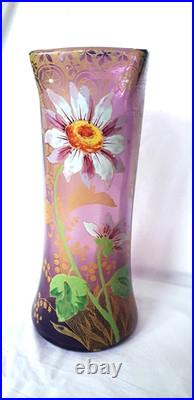 GRAND VASE VERRE LEGRAS MONTJOYE 1900 DECOR EMAILLE FLEUR MUGUET DORE H 28 cm