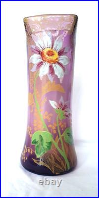 GRAND VASE VERRE LEGRAS MONTJOYE 1900 DECOR EMAILLE FLEUR MUGUET DORE H 28 cm