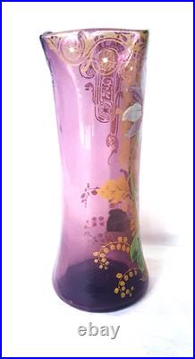 GRAND VASE VERRE LEGRAS MONTJOYE 1900 DECOR EMAILLE FLEUR MUGUET DORE H 28 cm
