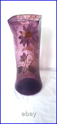 GRAND VASE VERRE LEGRAS MONTJOYE 1900 DECOR EMAILLE FLEUR MUGUET DORE H 28 cm
