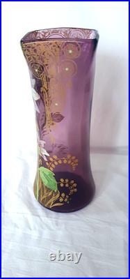 GRAND VASE VERRE LEGRAS MONTJOYE 1900 DECOR EMAILLE FLEUR MUGUET DORE H 28 cm