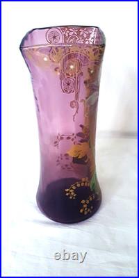 GRAND VASE VERRE LEGRAS MONTJOYE 1900 DECOR EMAILLE FLEUR MUGUET DORE H 28 cm