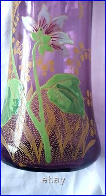GRAND VASE VERRE LEGRAS MONTJOYE 1900 DECOR EMAILLE FLEUR MUGUET DORE H 28 cm