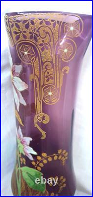 GRAND VASE VERRE LEGRAS MONTJOYE 1900 DECOR EMAILLE FLEUR MUGUET DORE H 28 cm