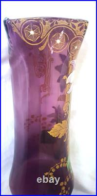 GRAND VASE VERRE LEGRAS MONTJOYE 1900 DECOR EMAILLE FLEUR MUGUET DORE H 28 cm