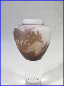 Galle Ancien Joli Petit Vase Decor Fleurs Brun Rose Signe Epoqe Debut 1900