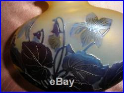 Gallé Vase gourde verre multicouches Violettes Mauve & bleu sur fond jaune