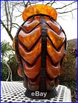 Grand Vase Art Déco Lorrain Daum Orange/Vert Jade à Monture Fer Forgé 1925