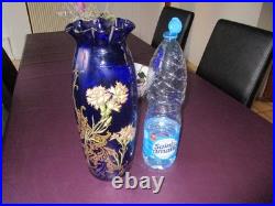 Grand Vase Emaillé Verre Bleu au Chardon Legras Modèle Pompadour