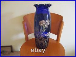 Grand Vase Emaillé Verre Bleu au Chardon Legras Modèle Pompadour