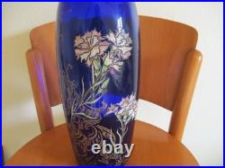 Grand Vase Emaillé Verre Bleu au Chardon Legras Modèle Pompadour