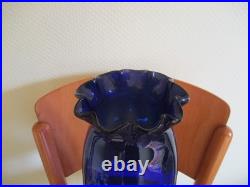 Grand Vase Emaillé Verre Bleu au Chardon Legras Modèle Pompadour