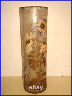 Grand Vase Montjoye Legras. Verre gravé à l'acide et émaillé. H 40 cm. Art nouveau