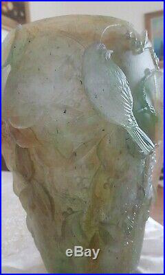 Grand Vase Pate de Verre déco gravé oiseau Pas de Daum Lalique Pas Gallé