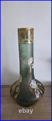 Grand vase Art Nouveau en verre émaillé et doré Iris Mont Joye -Legras 50cm