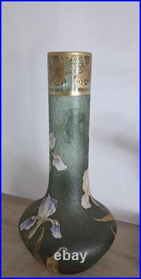 Grand vase Art Nouveau en verre émaillé et doré Iris Mont Joye -Legras 50cm