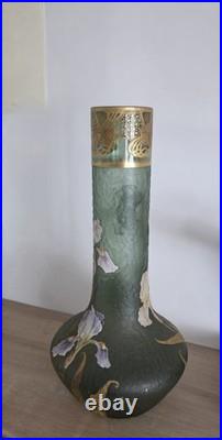 Grand vase Art Nouveau en verre émaillé et doré Iris Mont Joye -Legras 50cm