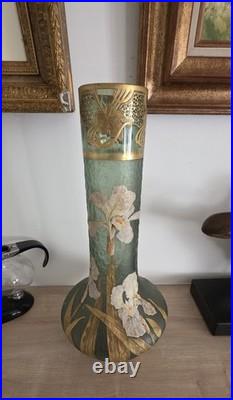 Grand vase Art Nouveau en verre émaillé et doré Iris Mont Joye -Legras 50cm