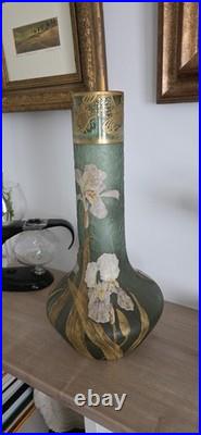 Grand vase Art Nouveau en verre émaillé et doré Iris Mont Joye -Legras 50cm