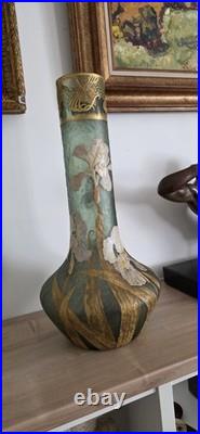 Grand vase Art Nouveau en verre émaillé et doré Iris Mont Joye -Legras 50cm