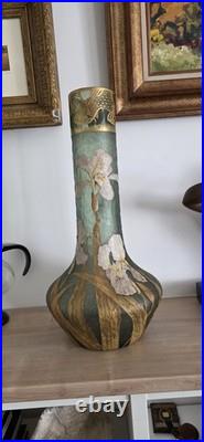 Grand vase Art Nouveau en verre émaillé et doré Iris Mont Joye -Legras 50cm