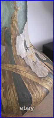 Grand vase Art Nouveau en verre émaillé et doré Iris Mont Joye -Legras 50cm