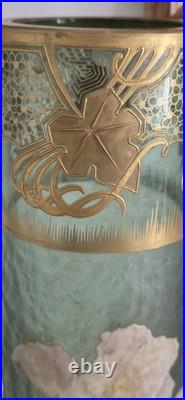 Grand vase Art Nouveau en verre émaillé et doré Iris Mont Joye -Legras 50cm