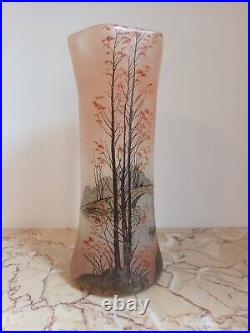 Grand vase Diabolo Verre Décor Peint Paysage Automnale Pêcheur Legras