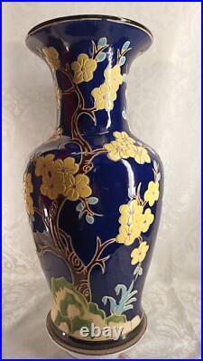 Grand vase ancien en céramique Bleu motif fleurs