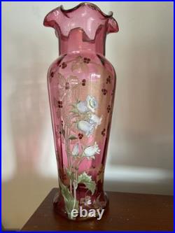 Grand vase en verre soufflé émaillé Art Nouveau à décor floral Bel état Rare