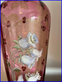Grand vase en verre soufflé émaillé Art Nouveau à décor floral Bel état Rare