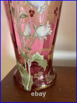 Grand vase en verre soufflé émaillé Art Nouveau à décor floral Bel état Rare