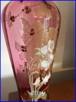 Grand vase en verre soufflé émaillé Art Nouveau à décor floral Bel état Rare